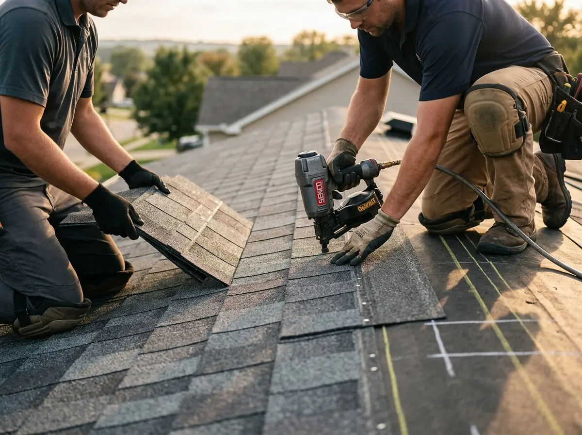 Professional roofer working on a residential roof in Medina